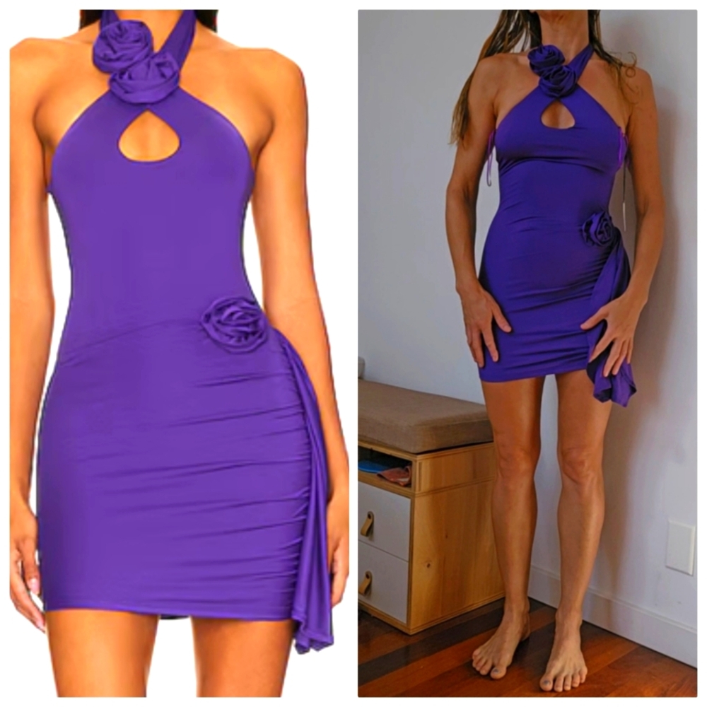 Nwt revolve Aubergine Rosette Halter Purple Rose Wednesday Mini Dress